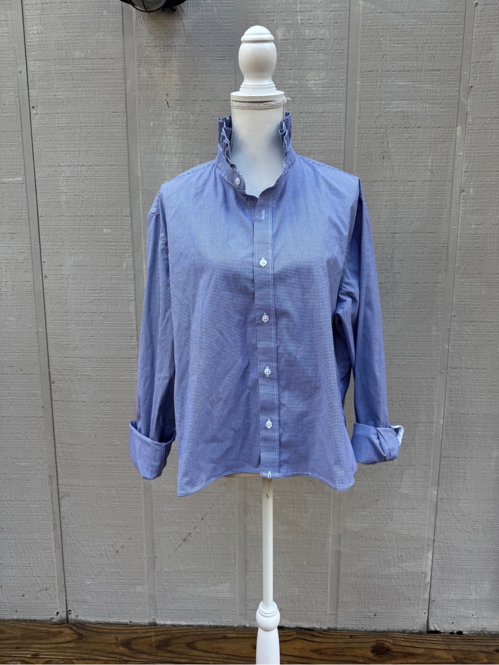 J. Crew Navy Gingham Refashioned Ruffle Collar Cropped Button Down Shirt